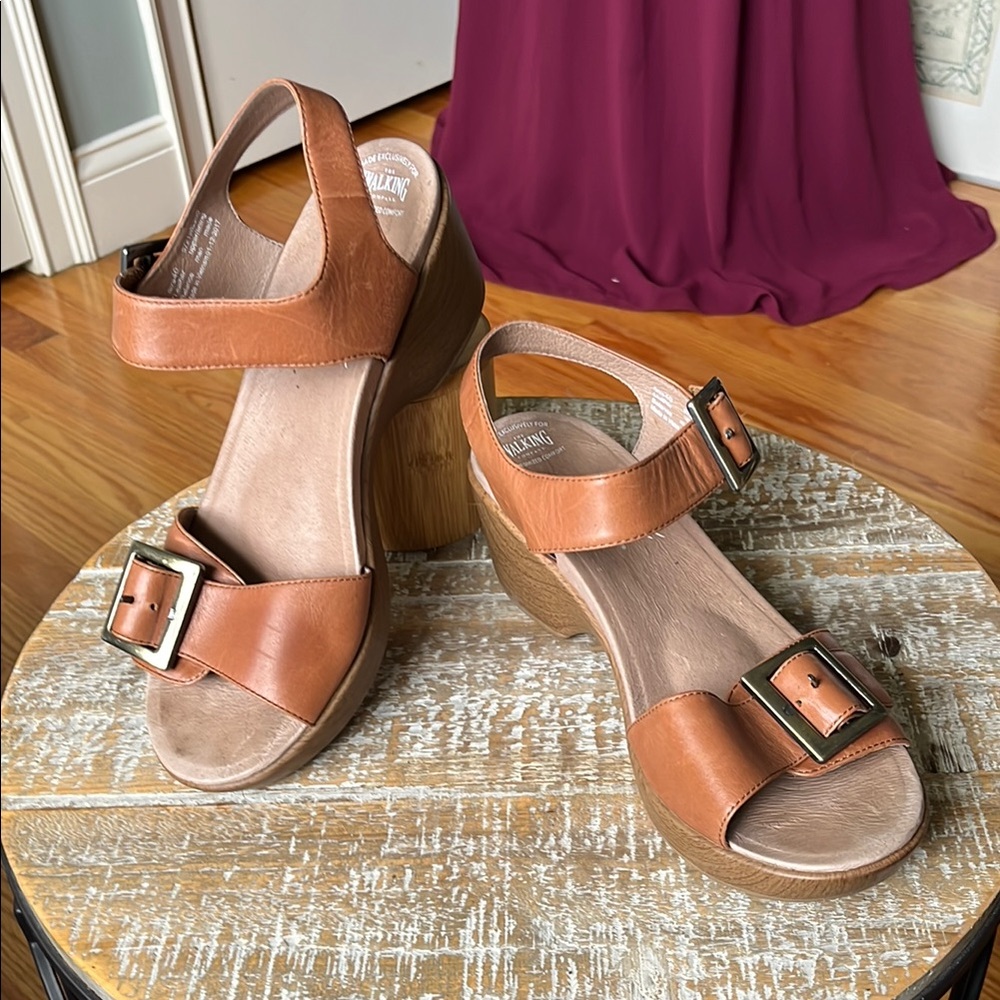 Dansko for The Walking Company Tan Sandals with Silver Buckle and Platform